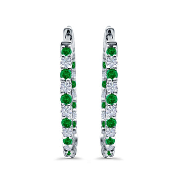 Huggie Hoop Earrings Round Simulated Green Emerald CZ 925 Sterling Silver (14mm)